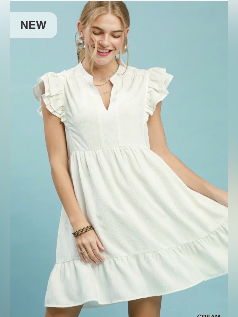 ♥️Hello Gorgeous! Umgee Ruffle Sleeve Woven Textured Babydoll Dress-Cream